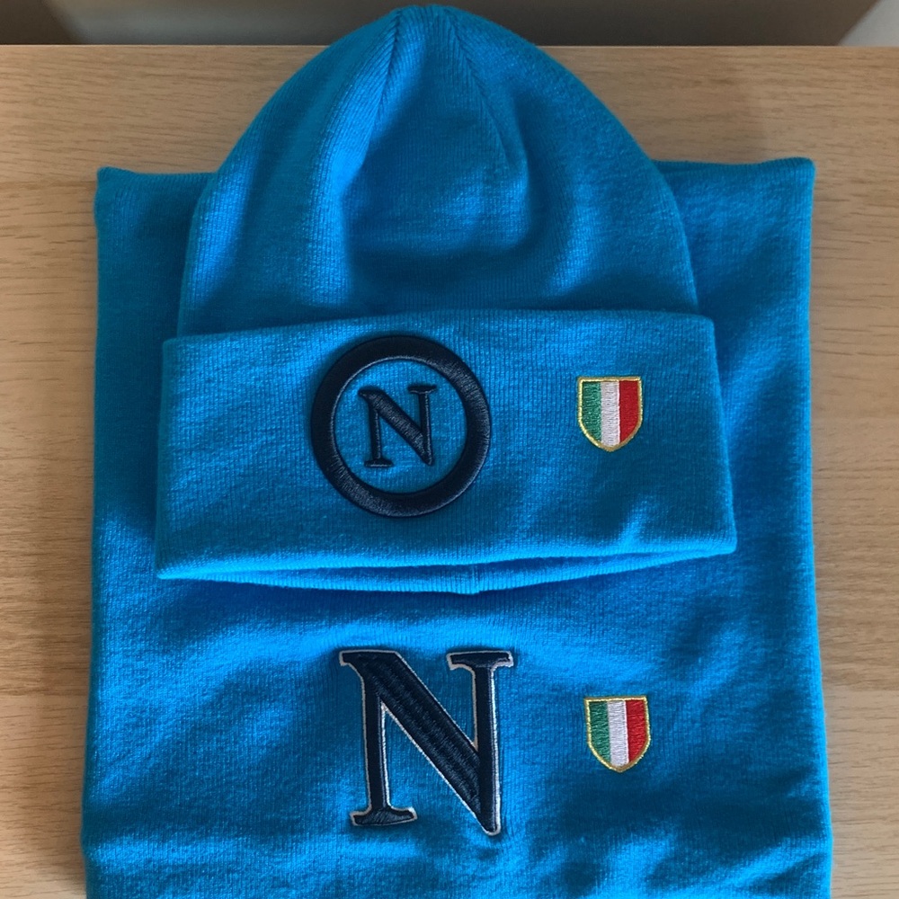 Napoli hat and stadium neck warmer with Napoli and Italian Flag Logo.